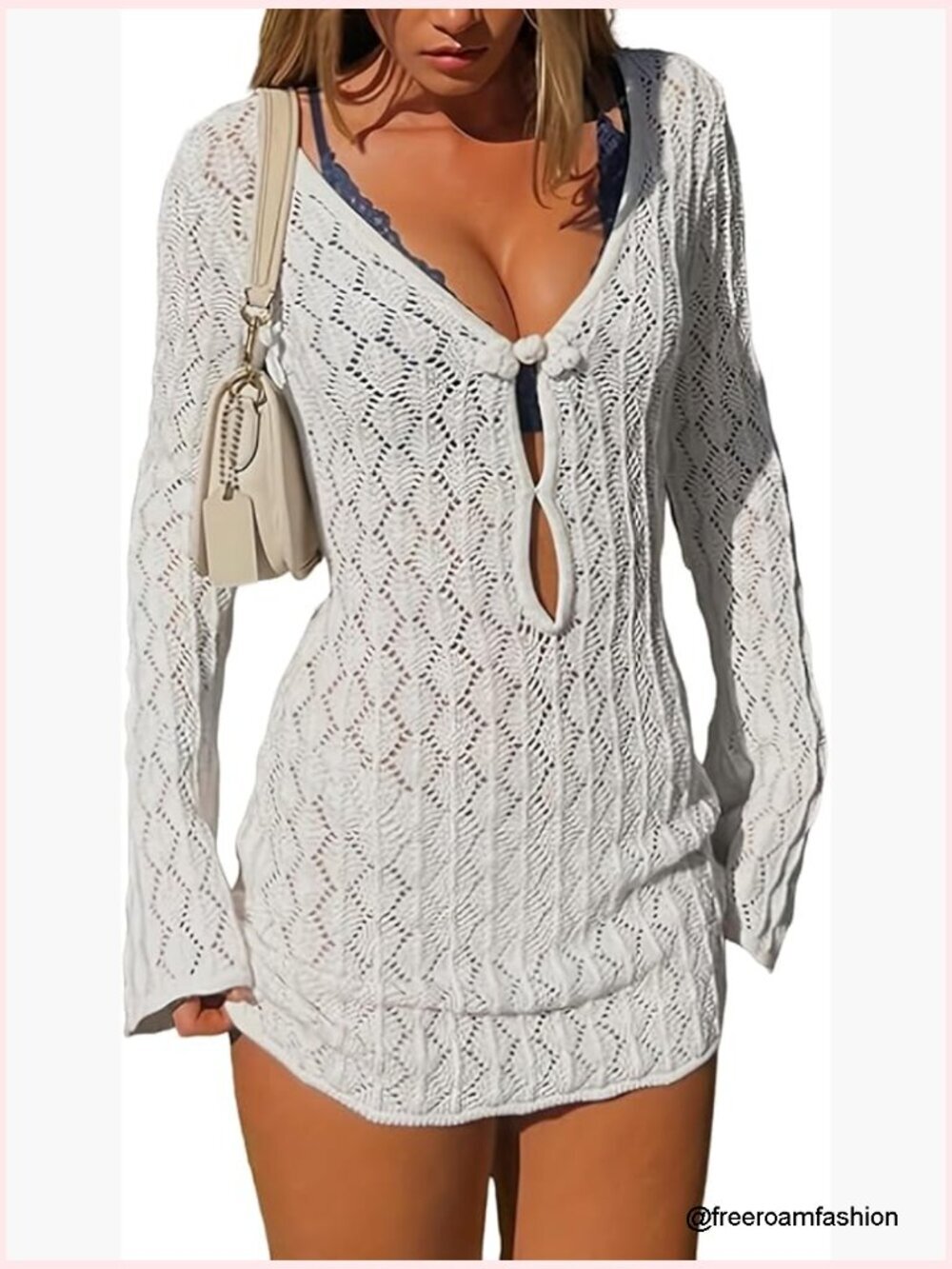 Crochet Cover Up Dress V Neck Knit Hollow Out Button Front Beach Swim Bikini